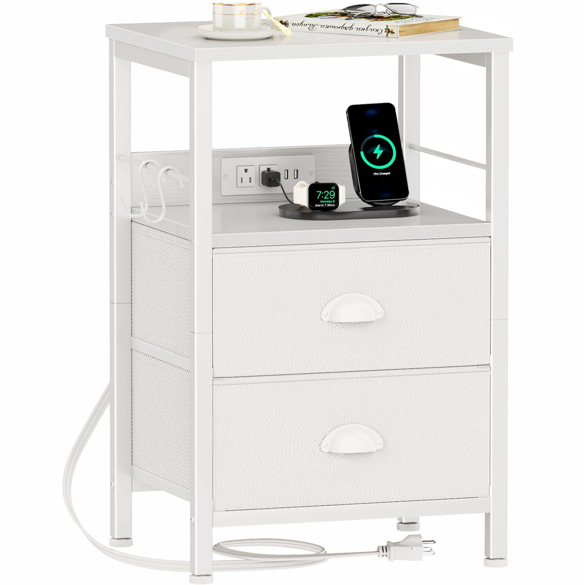 Furologee end table charging station closeup with built-in outlets for easy device charging.