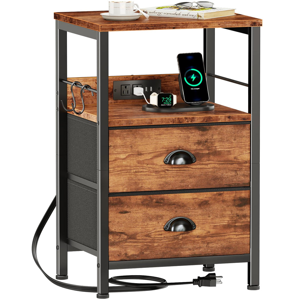 Furologee end table charging station front view with outlets and USB ports