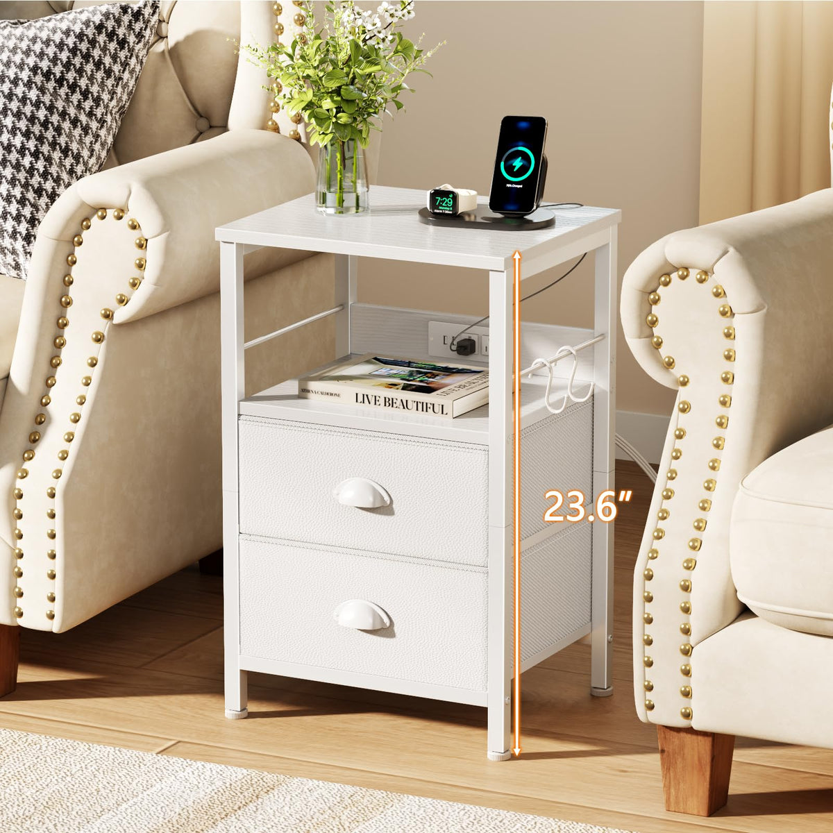 Furologee end table fabric drawer front highlighting breathable, dust-resistant storage.