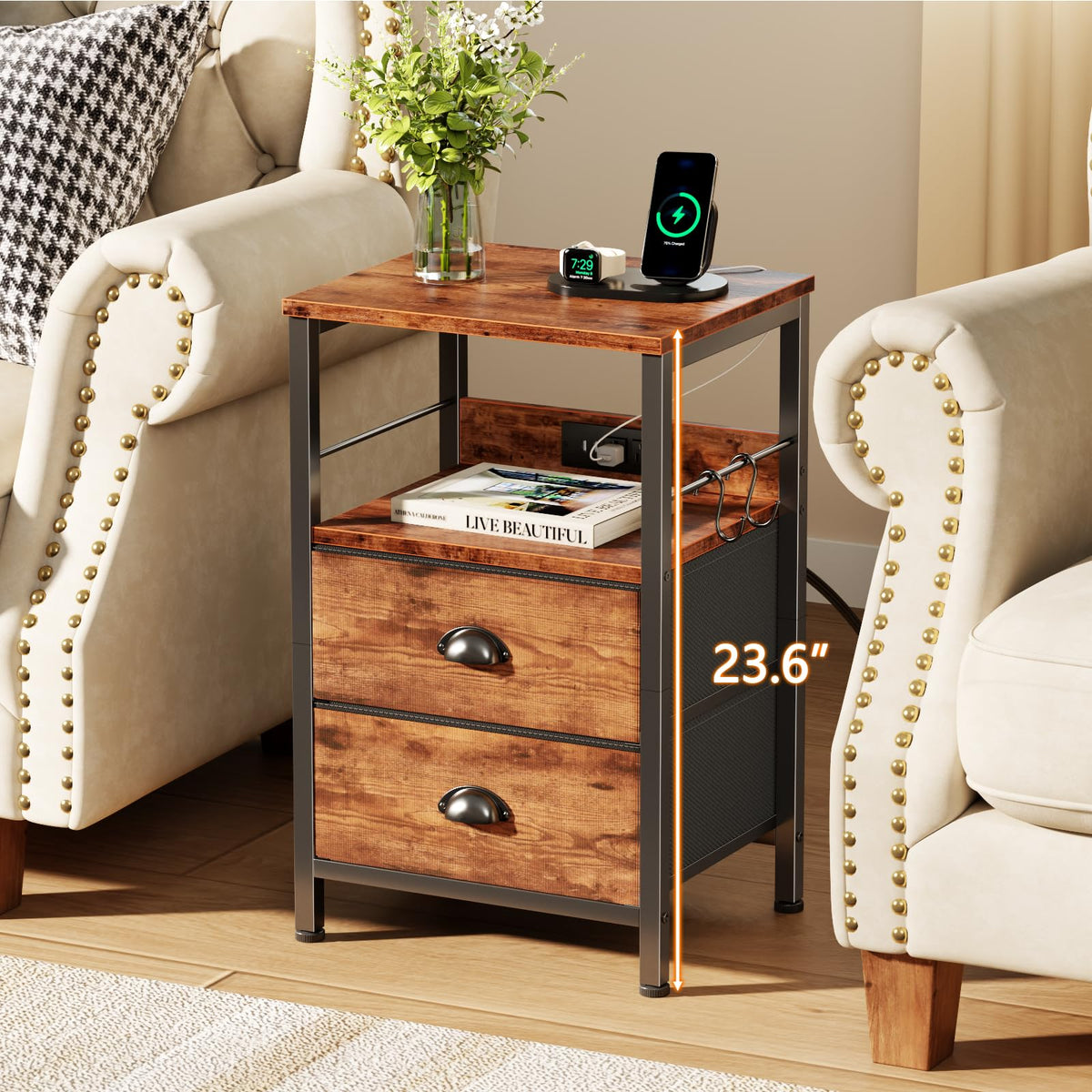 Furologee end table side hooks for extra hanging storage