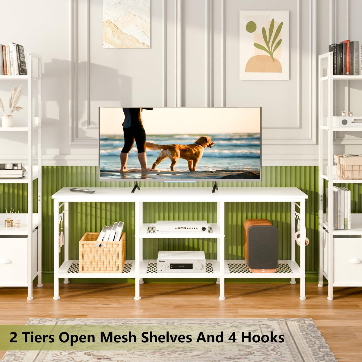 Furologee entertainment console with soundbar shelf keeps speakers accessible.