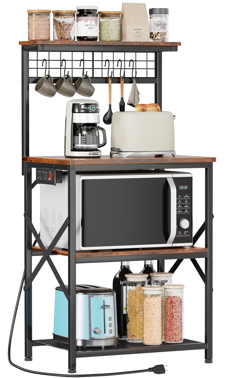 Furologee kitchen bakers rack with power outlet keeps devices charged while cooking.