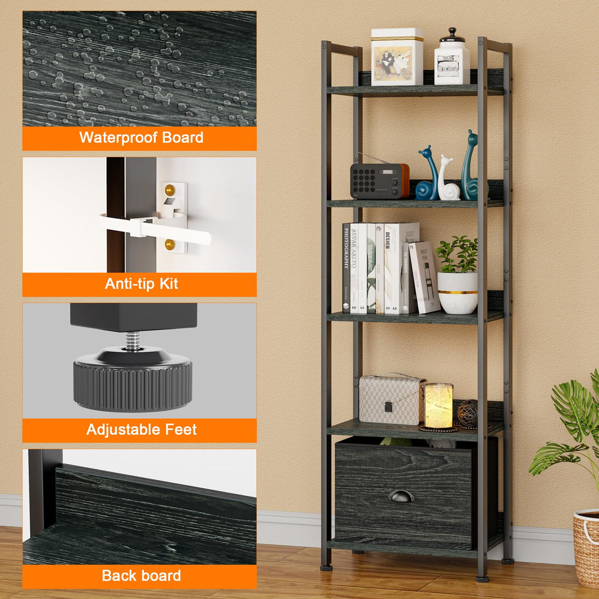 Furologee kitchen bakers rack keeps spices and appliances organized.