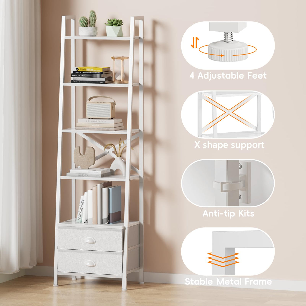 Furologee ladder shelf in bedroom maximizes storage without clutter.
