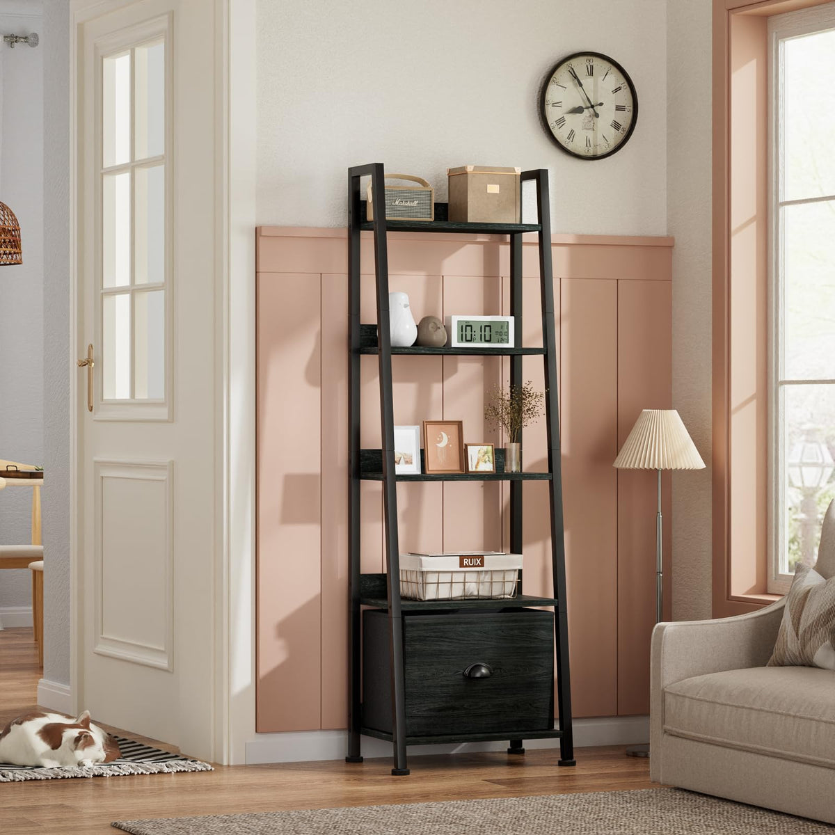 Furologee ladder shelf with fabric drawer open for soft storage