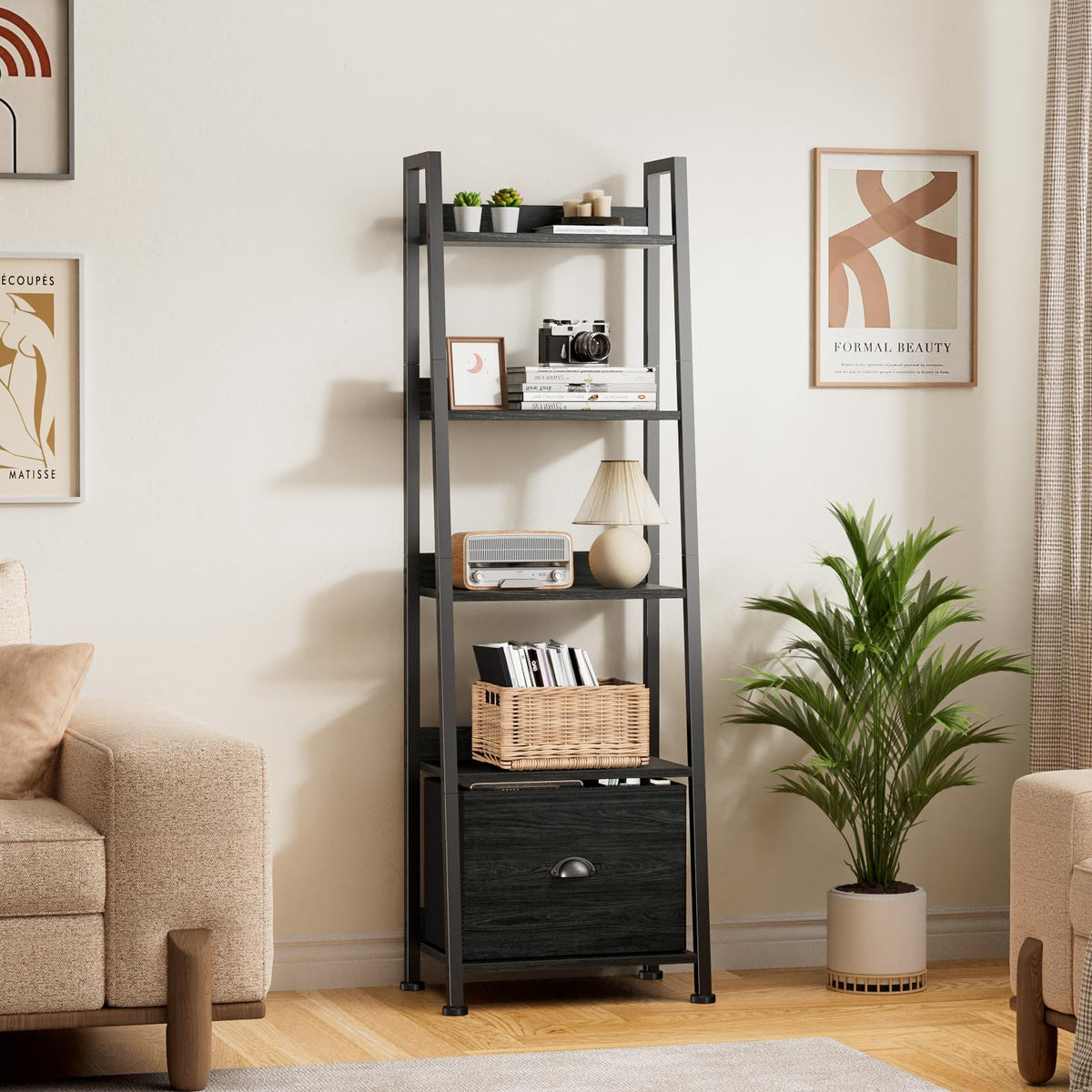 Furologee ladder shelf fabric drawer provides hidden storage for small items and clutter-free surfaces.
