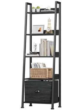Furologee ladder shelf front view shows five open tiers in sleek black finish for books and decor.