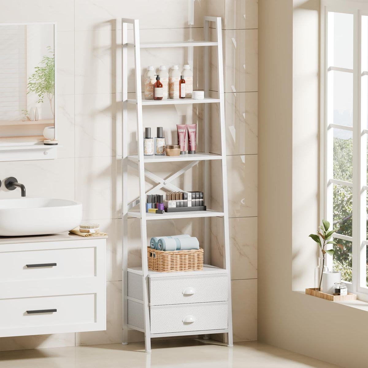 Furologee ladder shelf in living room blends function and style.