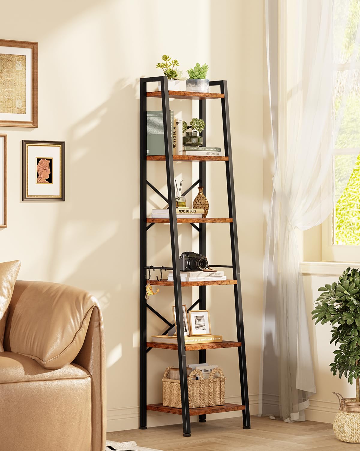 Furologee living room display shelves organize books, decor, and plants elegantly.