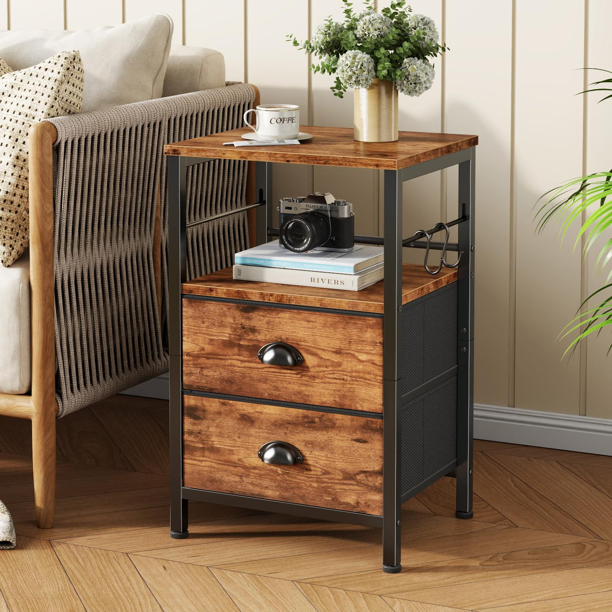 Furologee night stand fabric drawers close-up showing breathable, dust-preventing design.