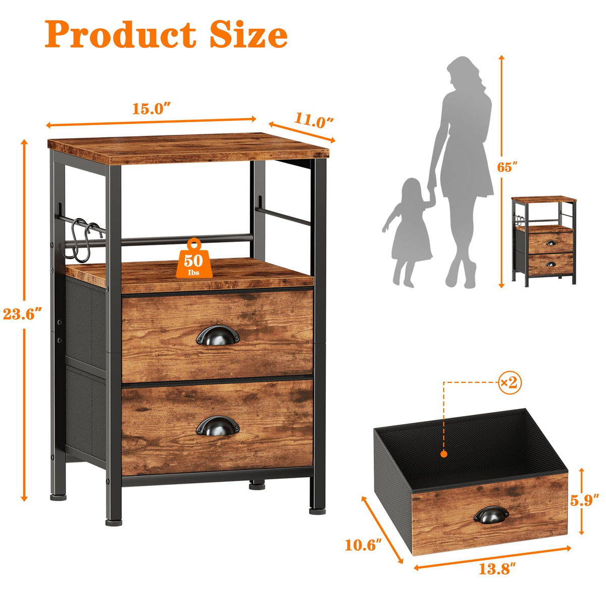 Furologee night stand open shelf ready for phone, lamp, or book.
