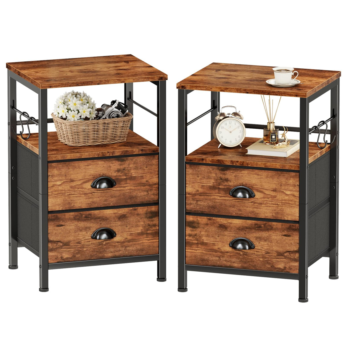 Furologee night stand with wooden top and dual fabric drawers for organized bedside storage.