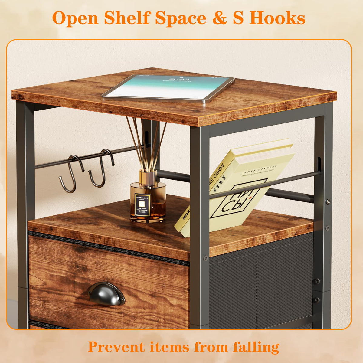 Furologee night stand sturdy metal frame with adjustable feet for stability.