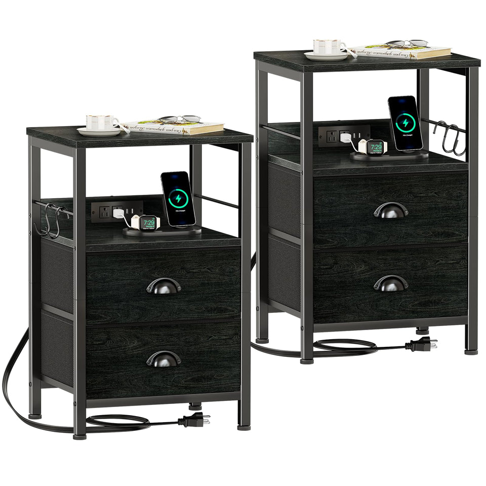 Furologee nightstands in black oak with charging station for bedside devices