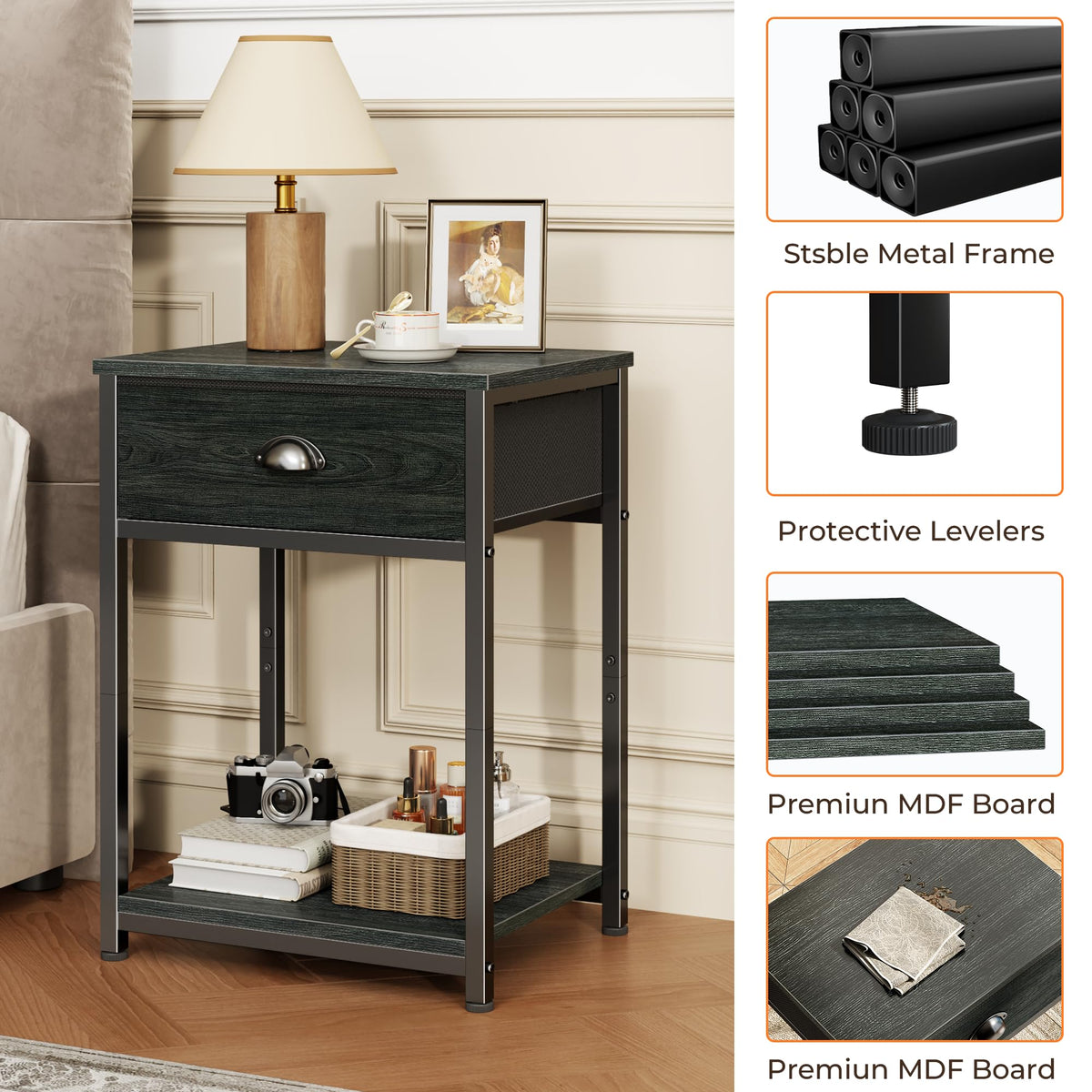 Furologee nightstand adjustable-feet keep surface level.