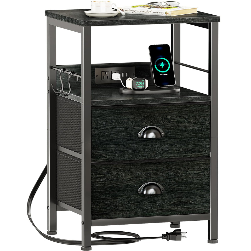Furologee nightstand with charging station showing the two outlets and USB ports for convenient device charging