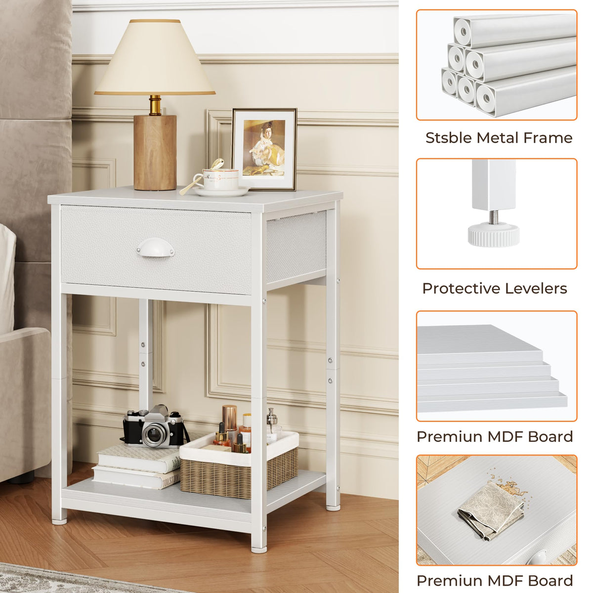 Furologee nightstand fabric drawer arch handles for easy access