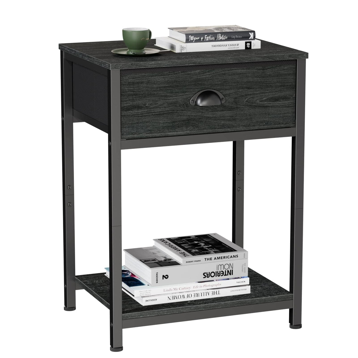 Furologee nightstand with fabric-drawer and easy-pull arch handles.