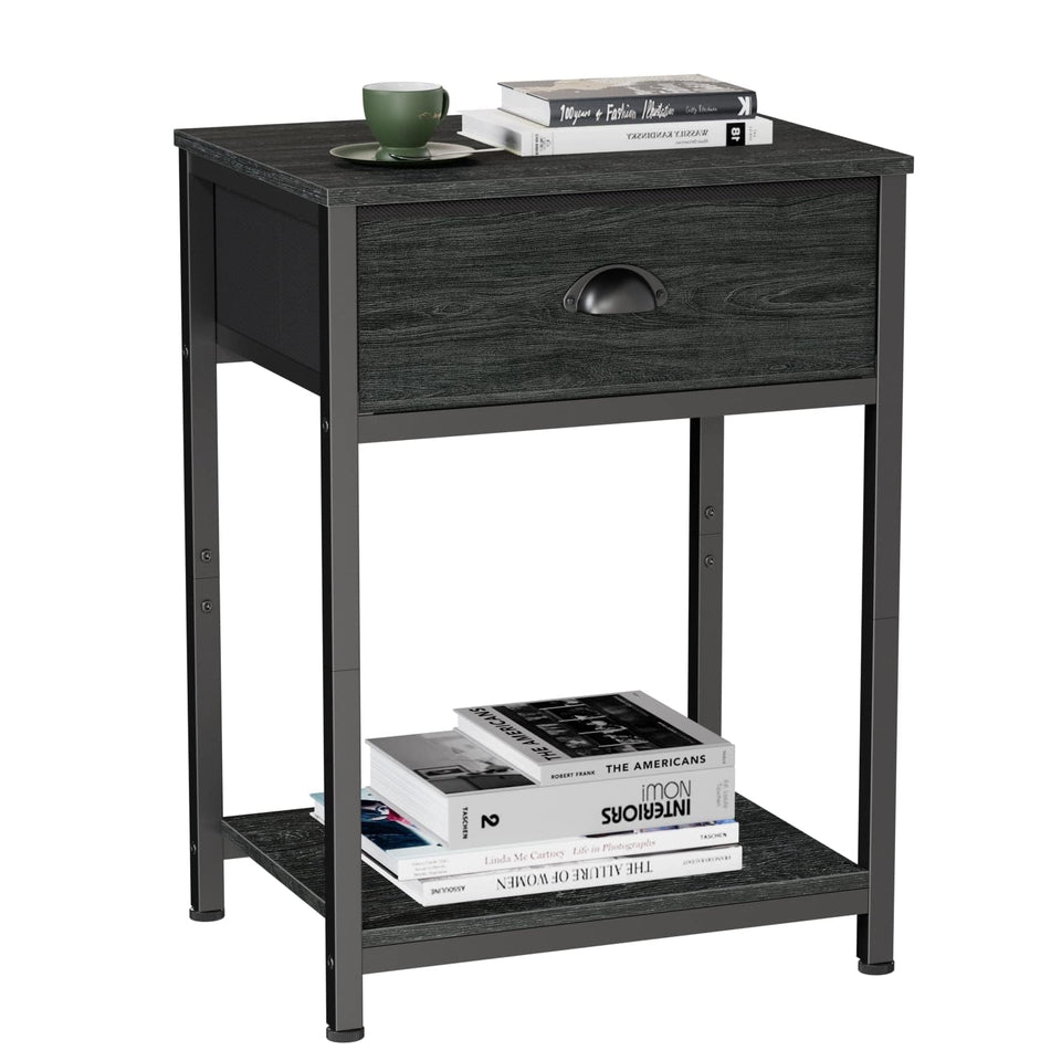 Furologee nightstand with fabric-drawer and easy-pull arch handles.