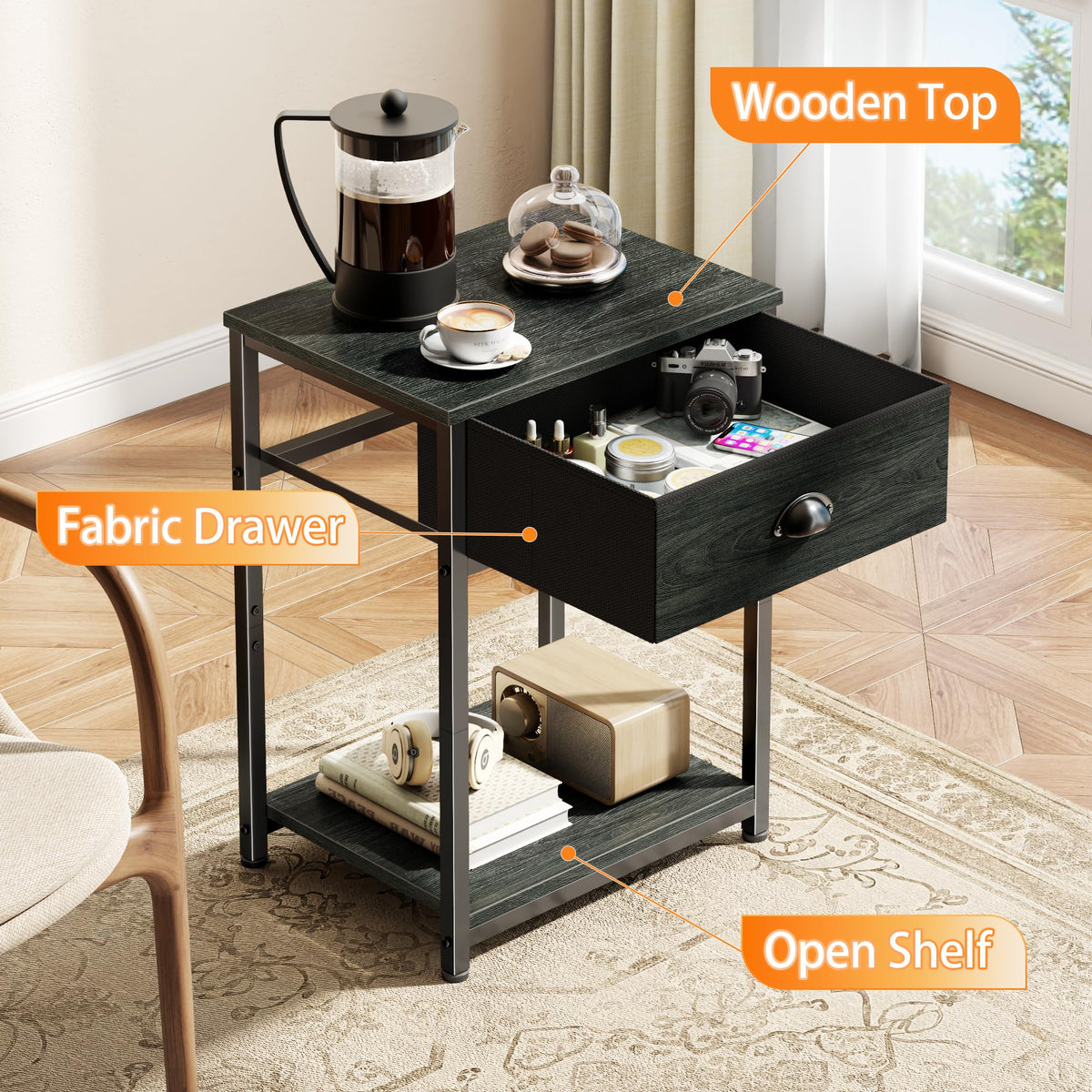 Furologee nightstand fabric-drawer front with rustic veneer.