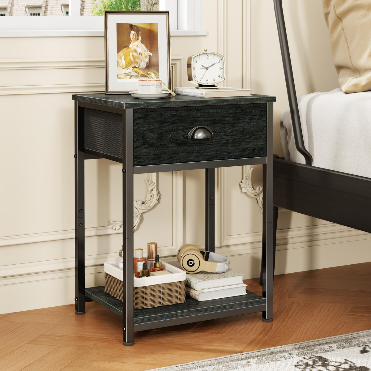 Furologee nightstand open shelves top display for photos and plants.