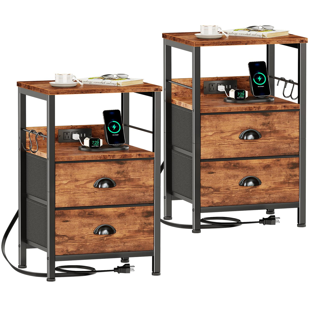 Furologee nightstand set 2 front view with charging ports for easy device charging