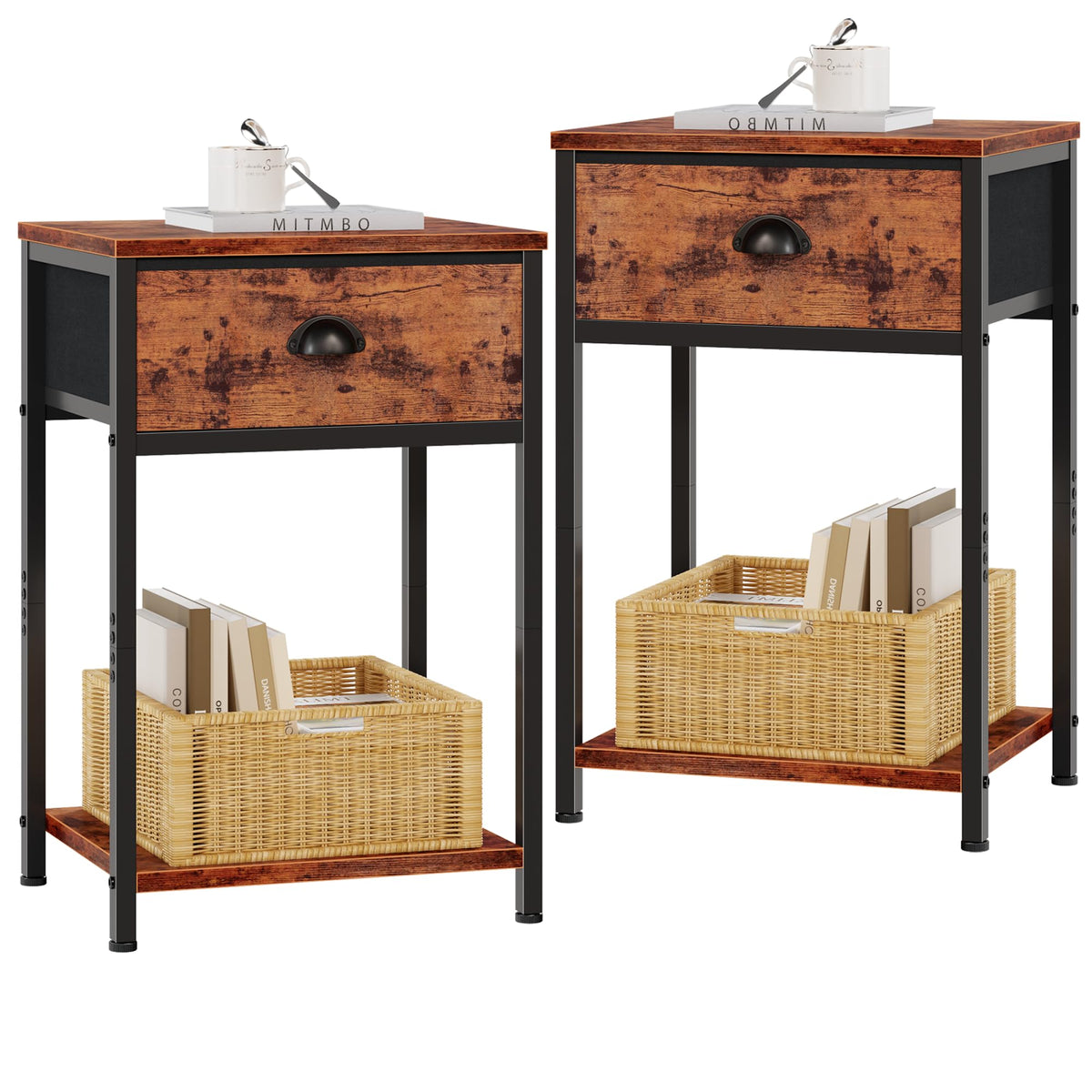 Furologee nightstands 2-piece set in rustic brown adds compact bedside storage.