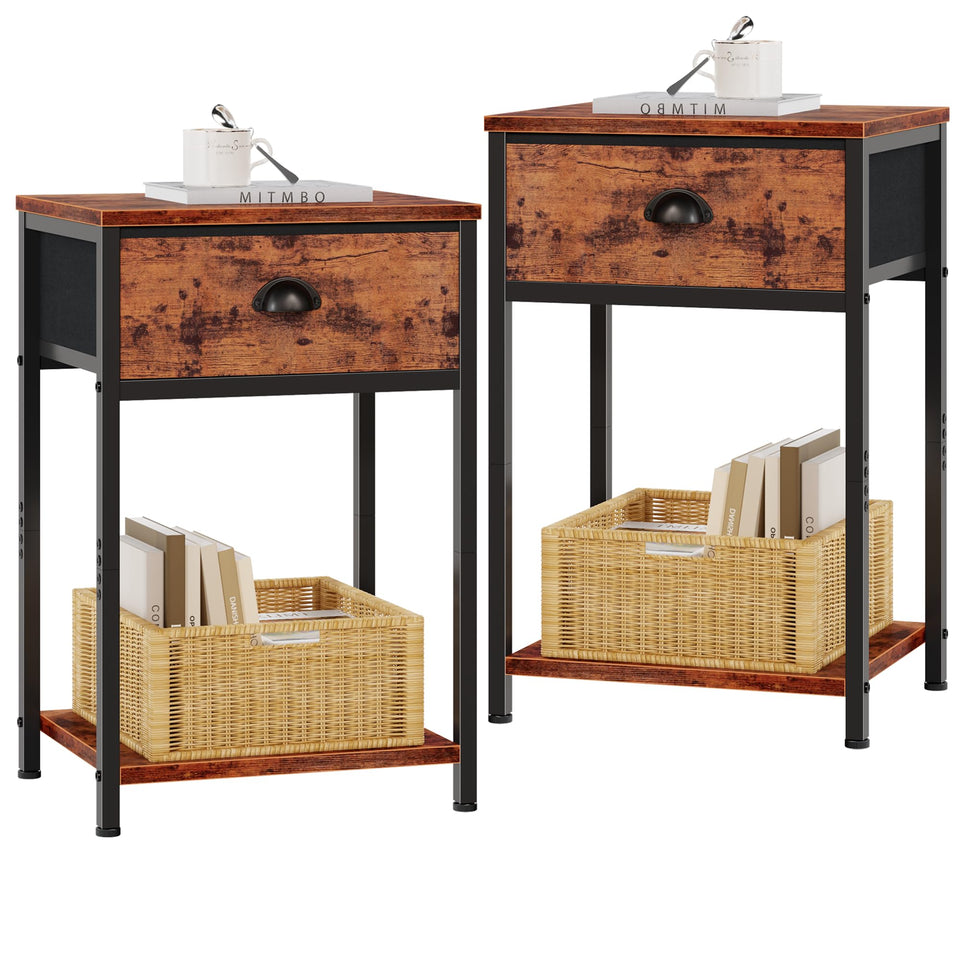 Furologee nightstands 2-piece set in rustic brown adds compact bedside storage.
