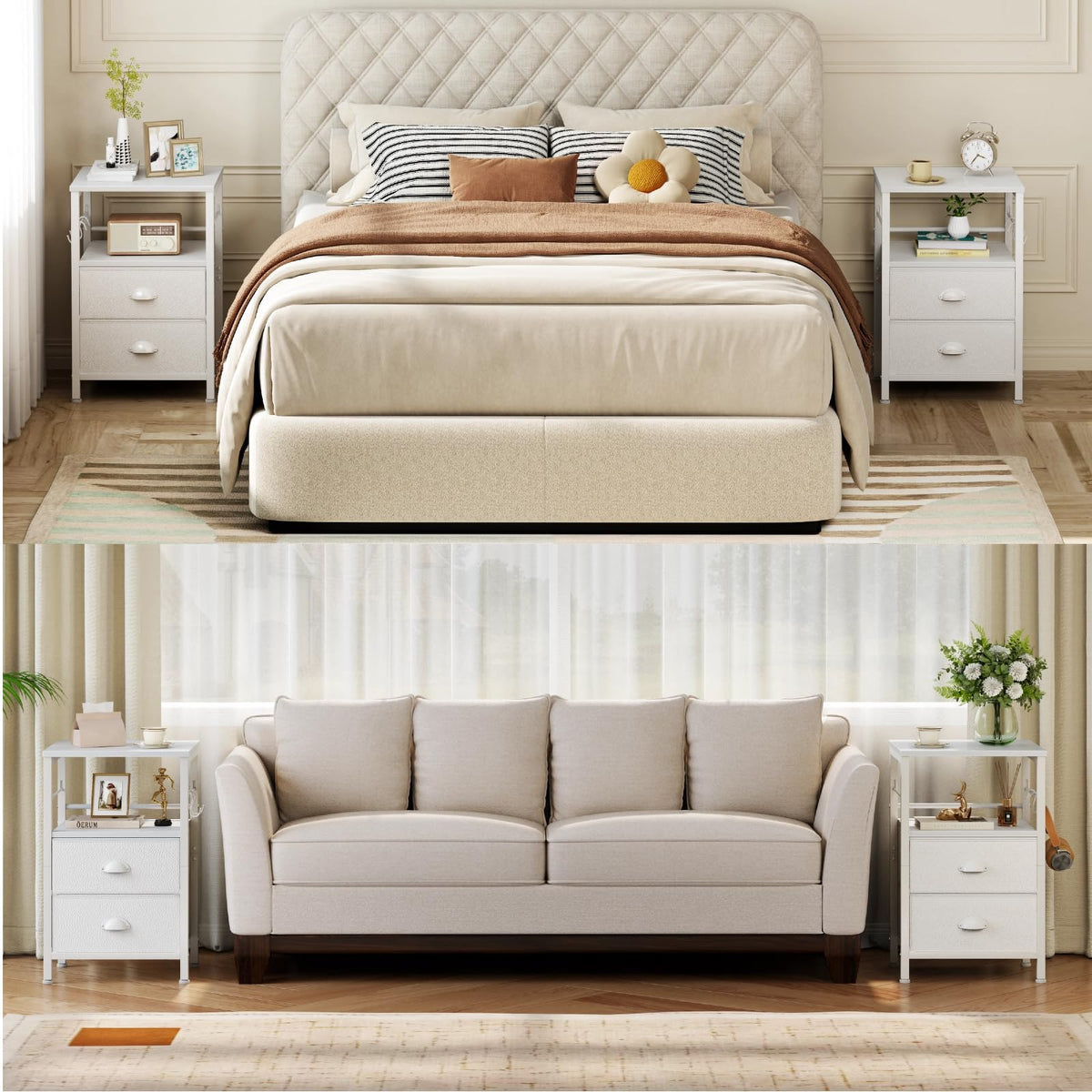 Furologee nightstands show for pairing with desks, sofas, and other furniture.