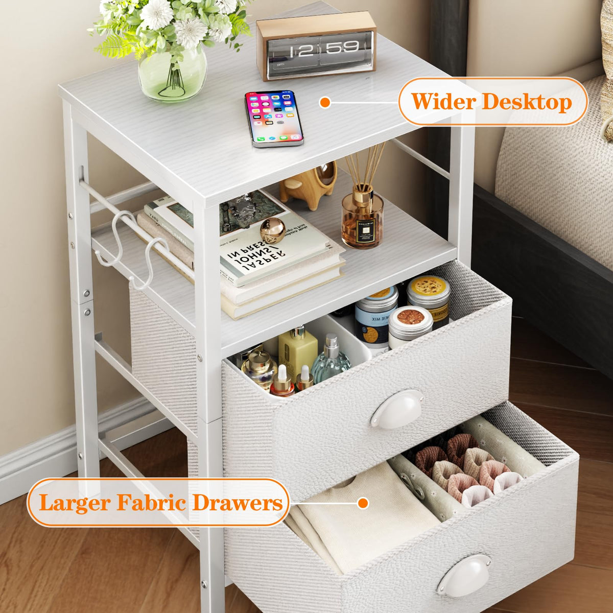 Furologee nightstands with removable hooks that move to different spots.
