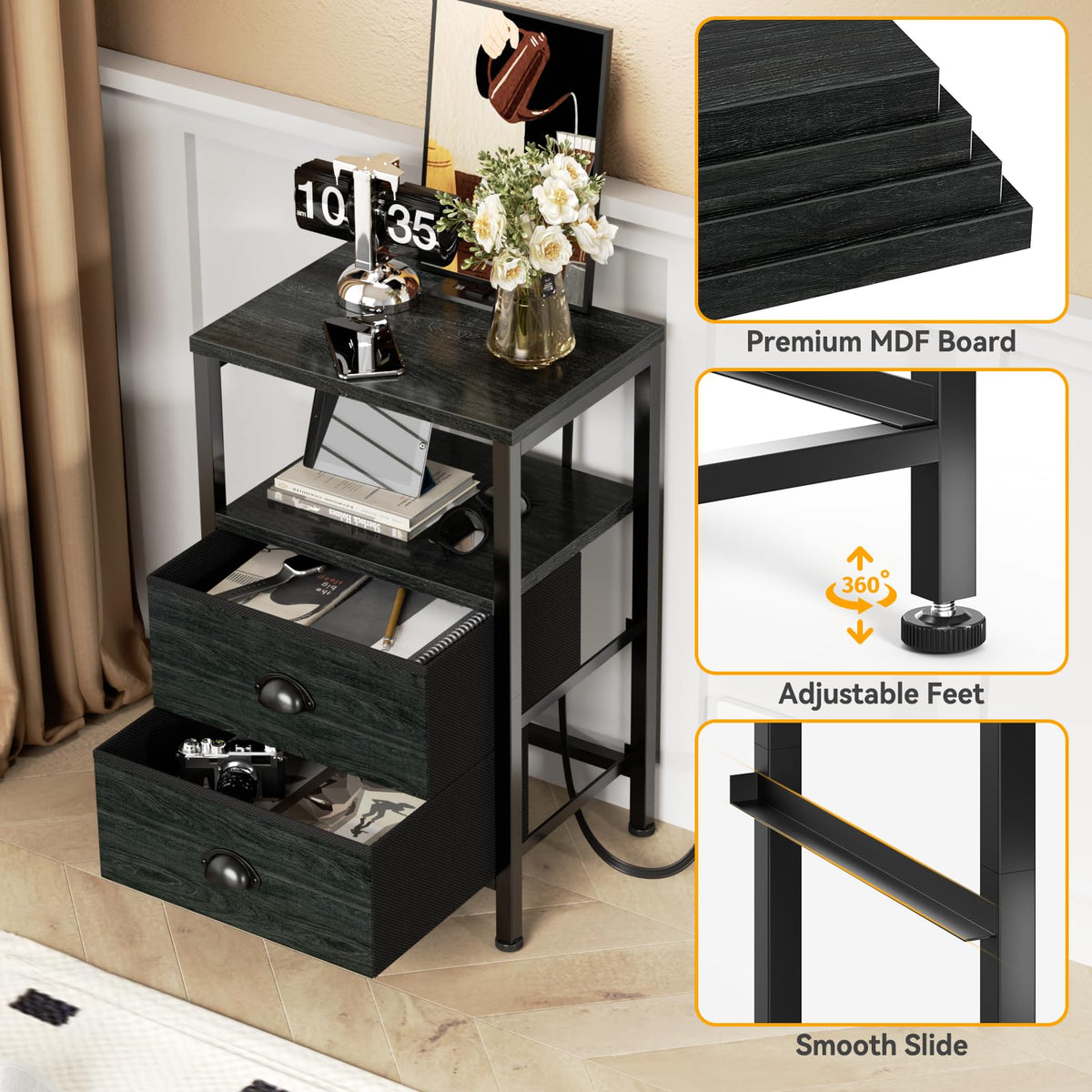 Furologee nightstands with adjustable feet protecting floors and leveling