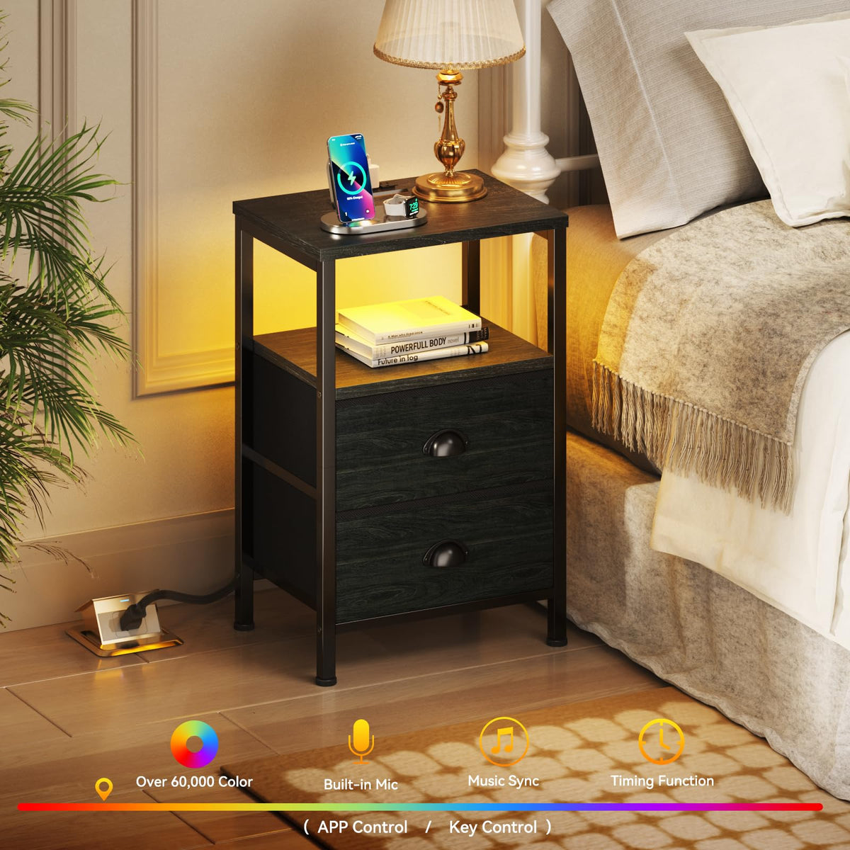 Furologee nightstands showing built-in charging station for devices