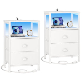 Furologee nightstands with LED lights provide ambient room illumination for late-night reading.