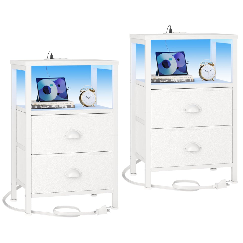 Furologee nightstands with LED lights provide ambient room illumination for late-night reading.