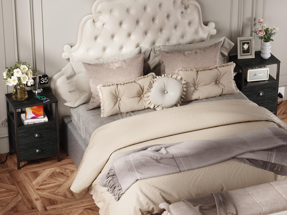 Furologee nightstands in a living room beside a sofa setup
