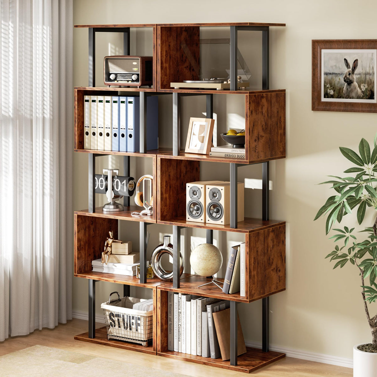 Furologee S-shaped shelf used as room divider in modern interiors