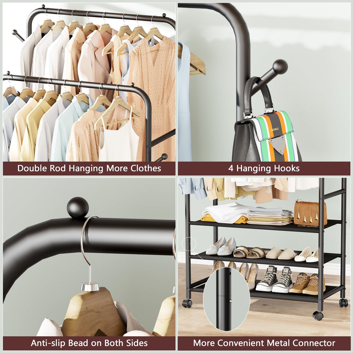 Furologee side hooks hold bags, hats, and keys for quick access.