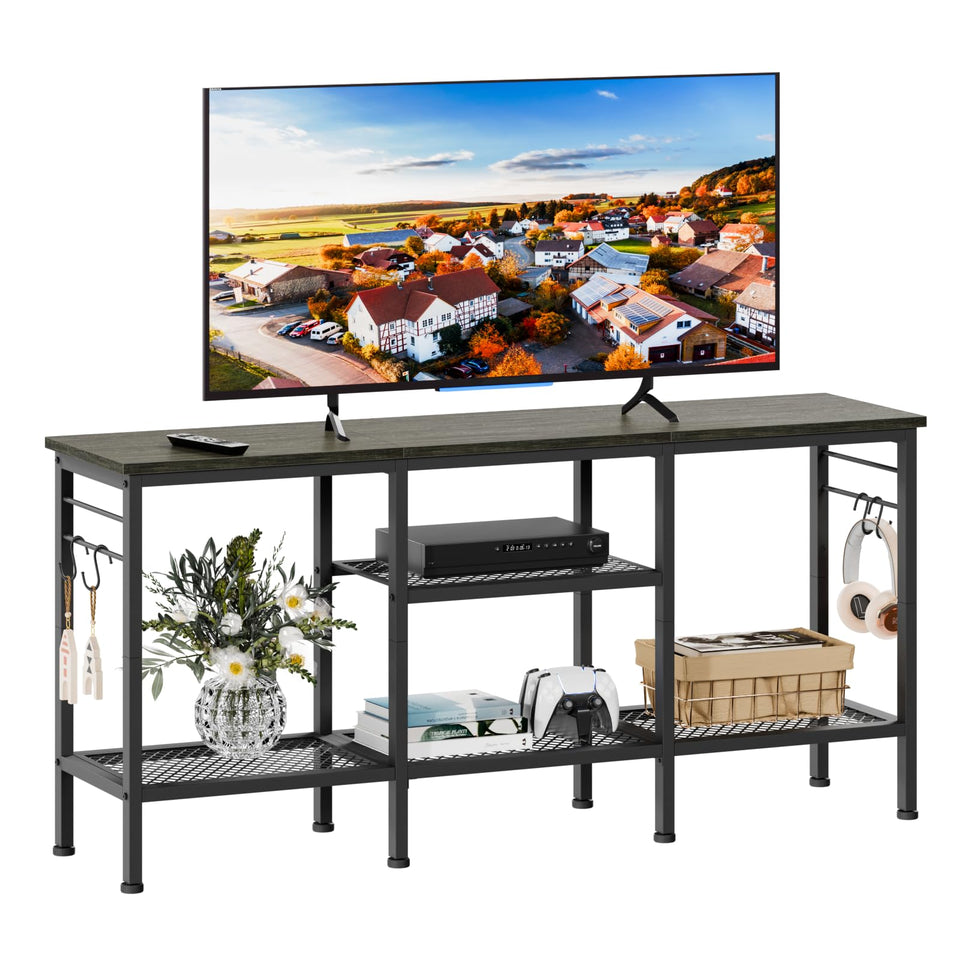 Furologee TV Stand for 55-inch TVs with a black oak top keeps media organized.