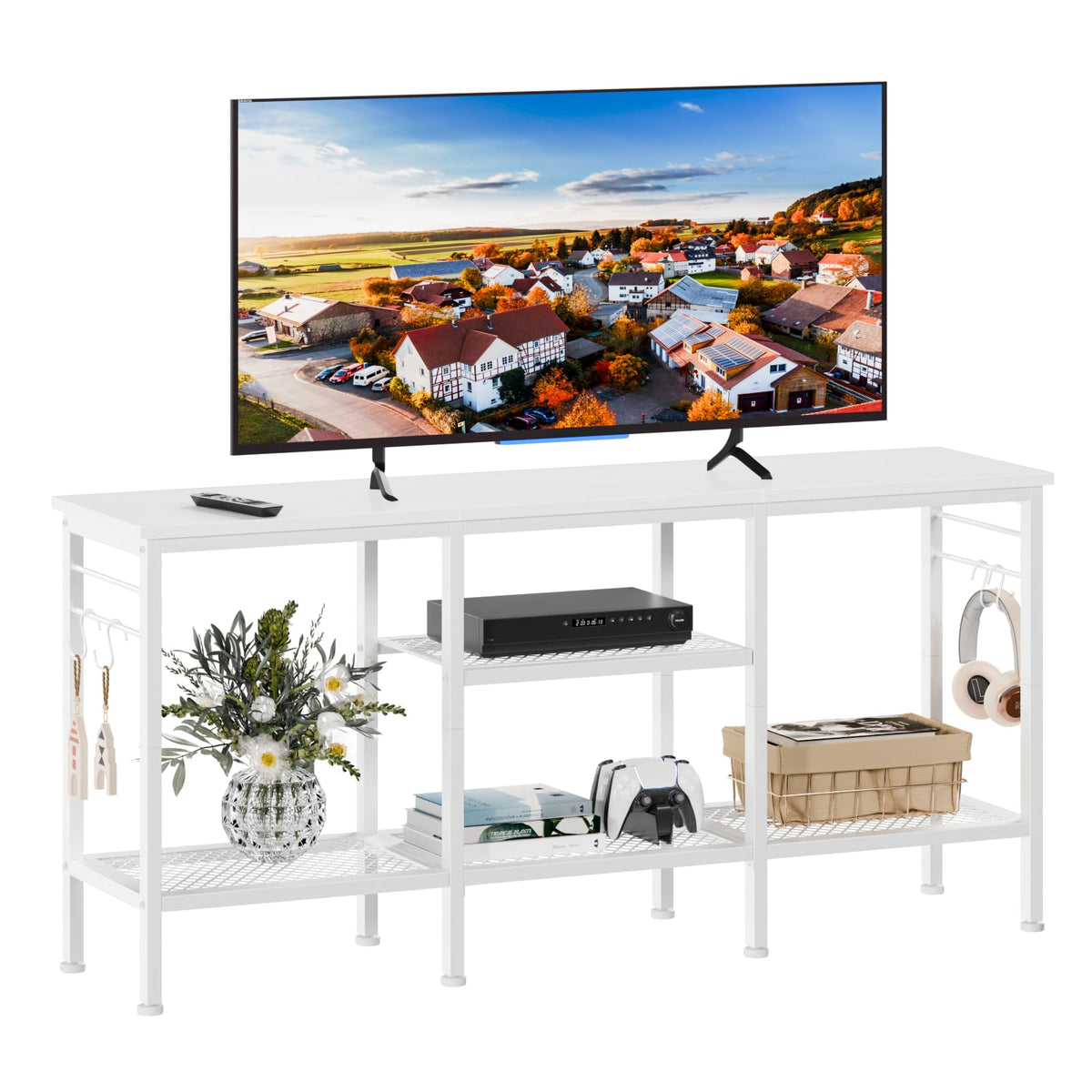 Furologee TV stand 55-inch with open shelves for easy device access.