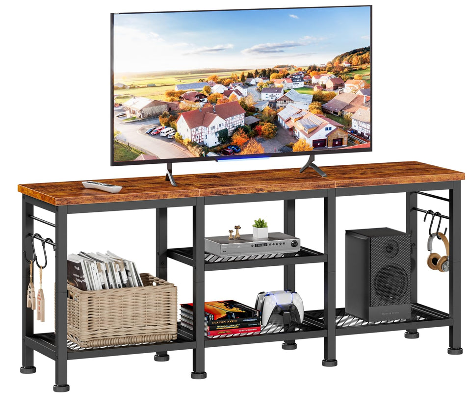 Furologee TV stand 55-inch top provides stable support with rustic brown finish.