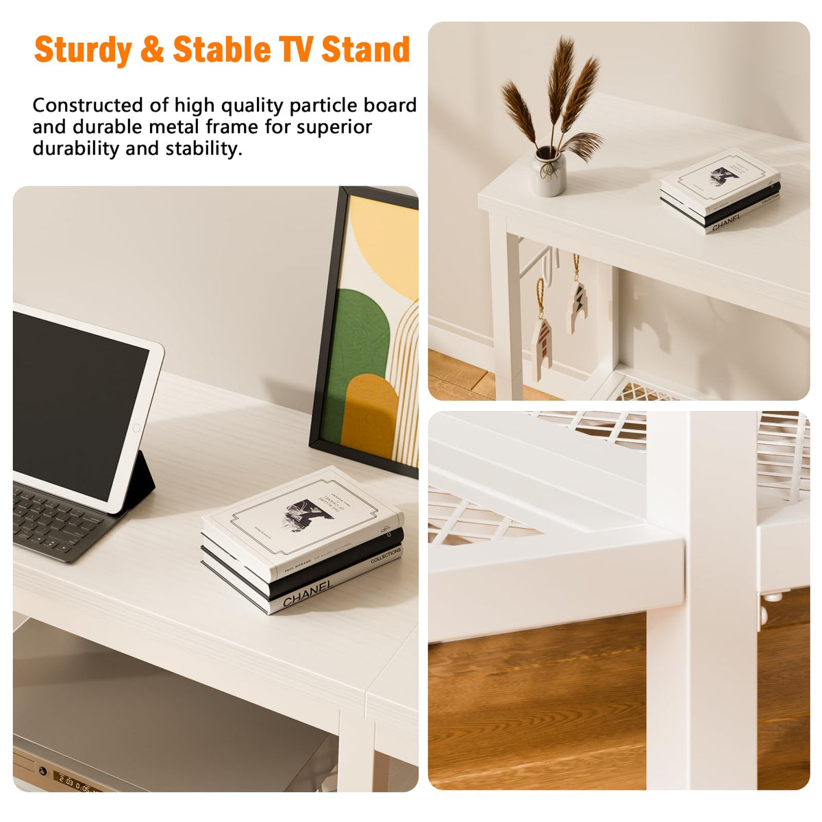 Furologee TV stand features cable access for easy wiring.