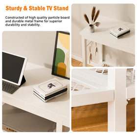 Furologee TV stand features cable access for easy wiring.
