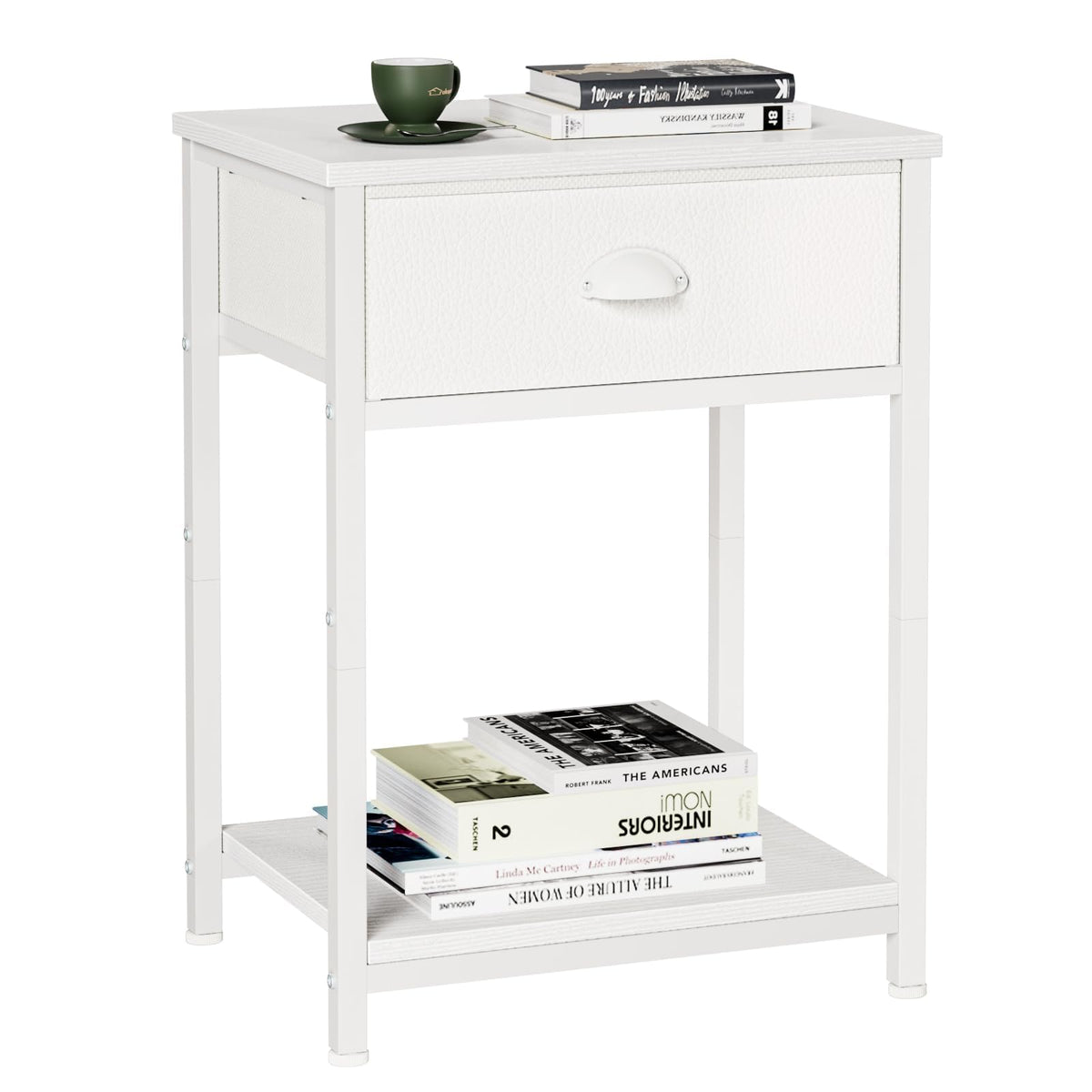 Furologee white nightstand with fabric drawer for organized bedside storage