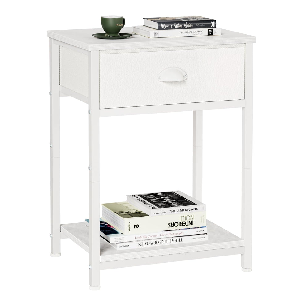 Furologee white nightstand with fabric drawer for organized bedside storage