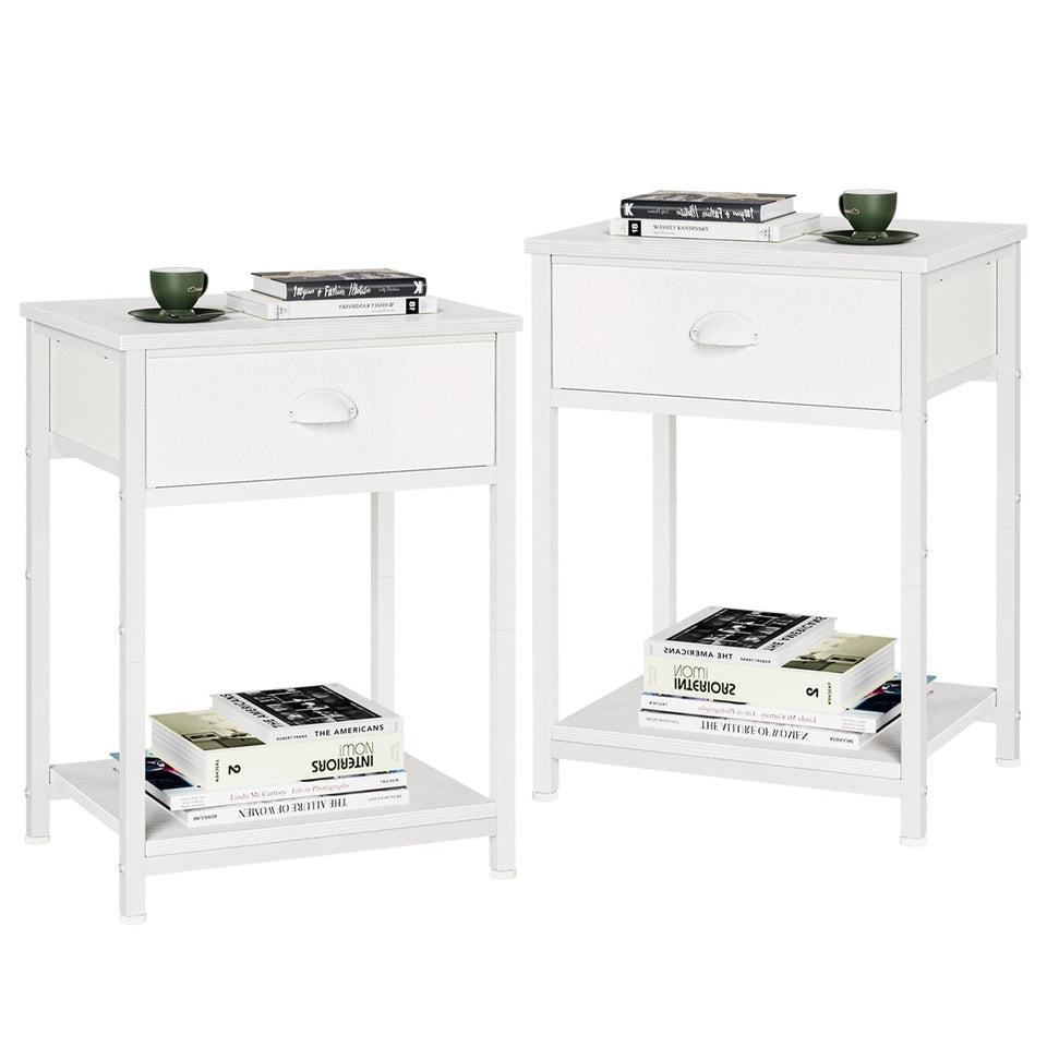 Furologee white nightstands with fabric drawer keep bedside essentials organized.
