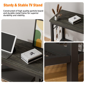 Furologee rustic-modern stand with wood grain and metal frame for versatile styling.