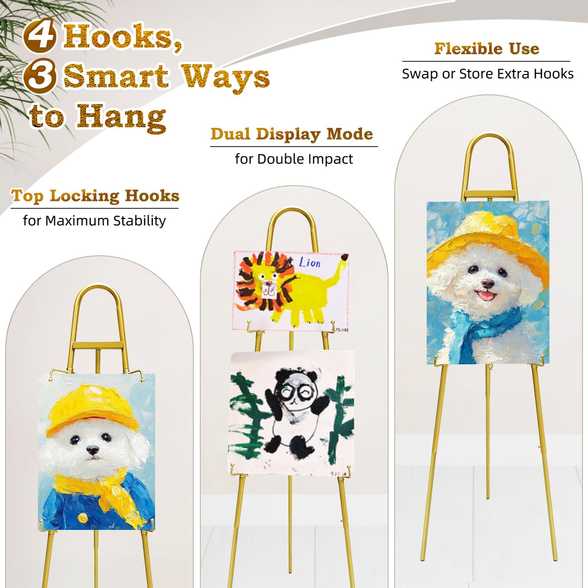 furosa gold easel with four locking hooks and three display modes for flexible setups