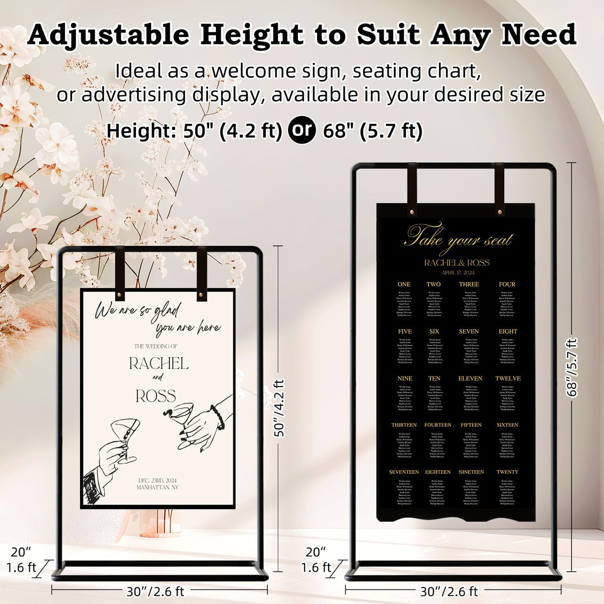 Furosa adjustable-height sign holder positioned at two heights for versatile displays.