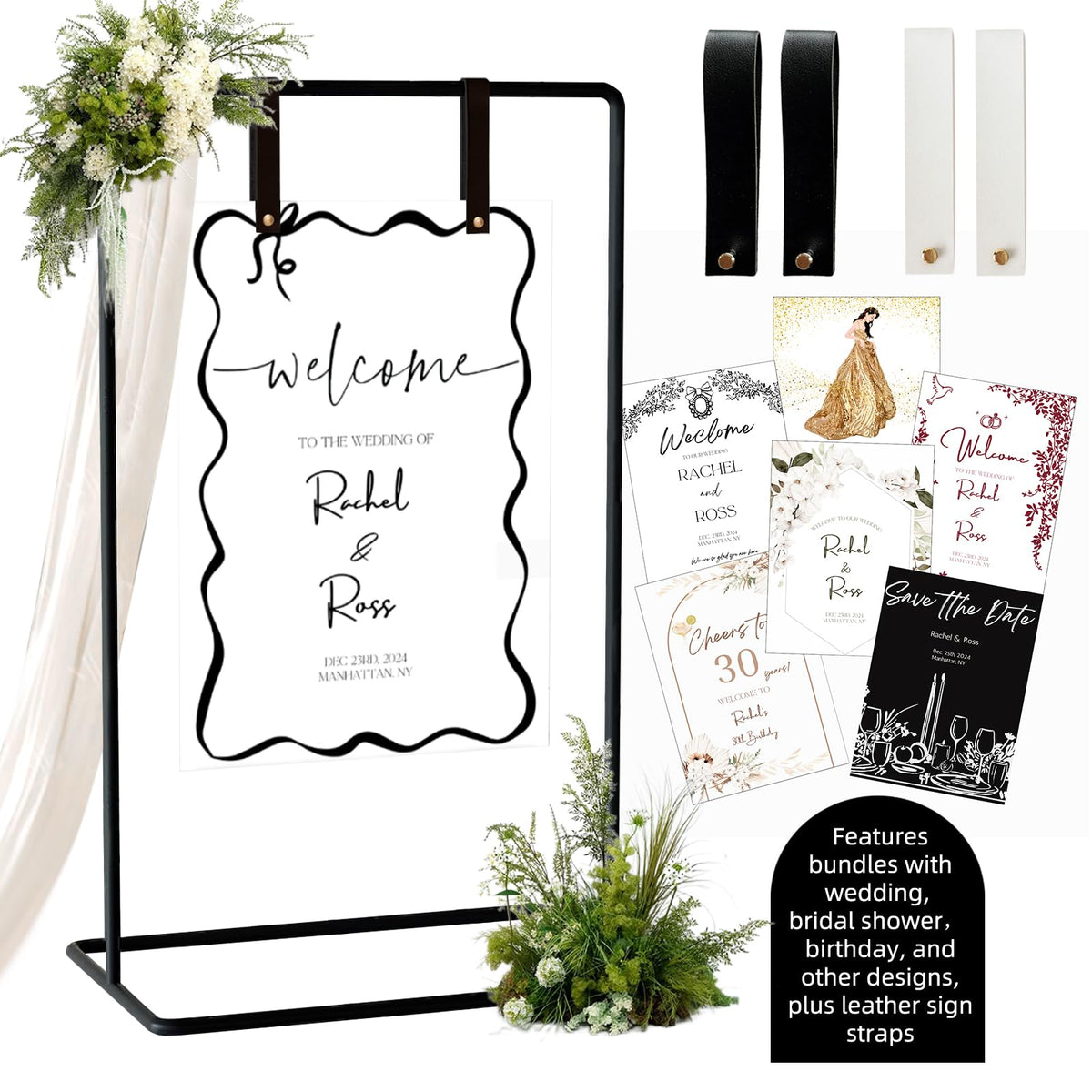 Furosa wedding sign holder front view shows a sleek black design for high-visibility signage.