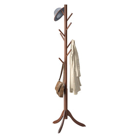 Furshus 8-hook bamboo coat rack holding jackets and bags in entryway.